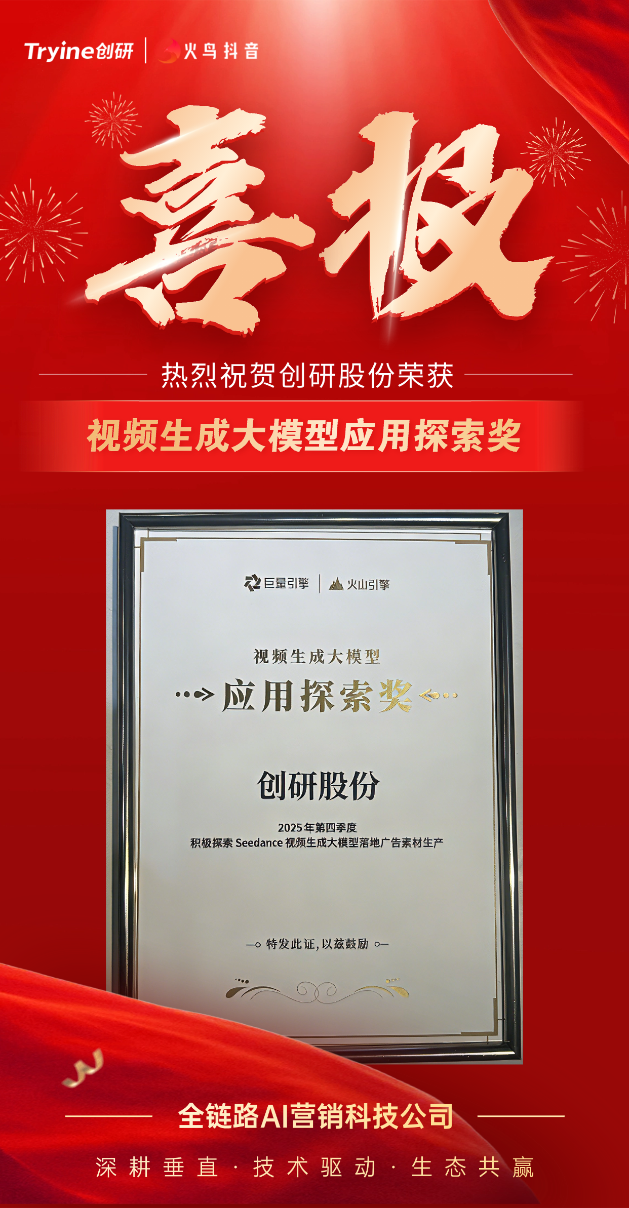 創(chuàng)研股份以垂直大模型賦能AIGC營銷 獲巨量引擎和火山引擎聯(lián)合頒發(fā)的應(yīng)用探索獎